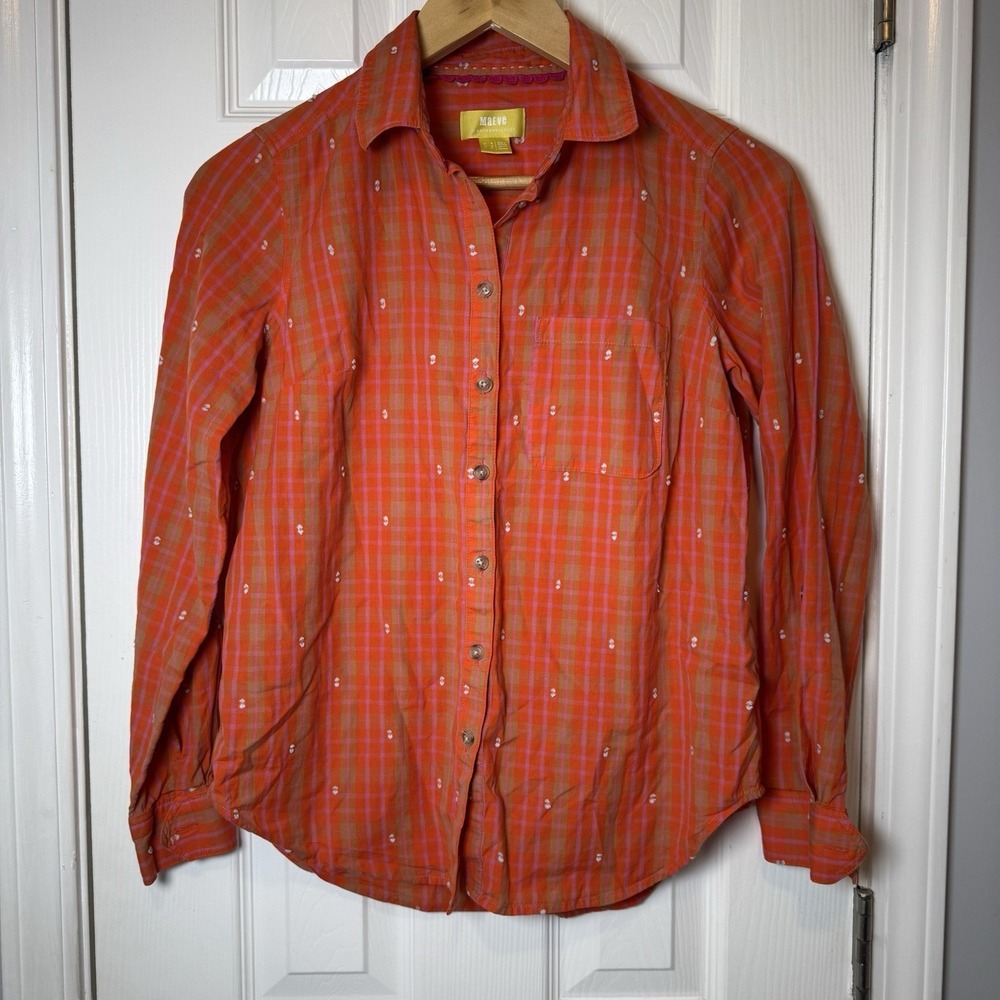 Anthropologie Maeve Orange Plaid Long‎ Sleeve Button Up Shirt 100% Cotton Size 2
